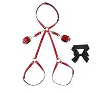 Cinturones de cuero rojo con puñetas y puñetas, set de bondage ajustable para parejas y juegos de rol