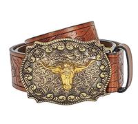 Cinturones de hebilla de cuero occidental, cinturón de hebilla con patrón de toro largo de vaquero, cinturón de hebilla grabado floral para hombres y mujeres, marrón, for 95-102 cm waist