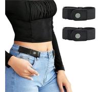 Cinturones de Mujer 2pcs/Set No Buckle Elastic Belt For Women Men Unisex Stretch Belt For Pants Jeans Casual Buckle Free Adjustable Invisible Belt(Black)