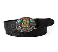 Cinturones para Hombre, Cinturon Ajustable Cowboy Occidental, Cinturón de Cuero Genuino Vintage Jeans con Patrón de Cabeza de Nativo Americano en Hebilla,Negro,130CM/51.2''