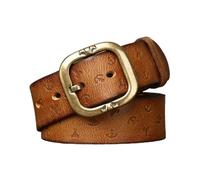 Cinturones vintage de vaquero occidental con estampado de elementos oceánicos en relieve, correa de una pieza de plena flor, hebilla cuadrada dorada de 3,8 cm(Brown,120cm/47")