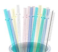 Cinvo 25 pajitas reutilizables de 9 pulgadas con cepillo de limpieza con purpurina, pajitas largas irrompibles, pajitas de plástico duro seguras para Yeti RTIC Mason Jar Tumbler Tervis Starbucks