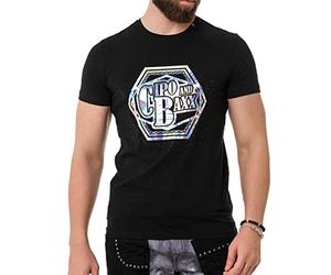 Cipo & Baxx Camiseta para hombre brillante con estampado de neón diamantes de imitación de manga corta CT720, Negro , M