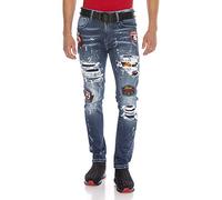 Cipo & Baxx Pantalones vaqueros de pierna recta para hombre, con parches destruidos, azul, 36