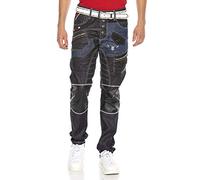 Cipo & Baxx Pantalones vaqueros para hombre | Vaquero Destroyed & Frayed con tachuelas, piel sintética, costuras decorativas y graffiti | Estilo moderno y motorista, Azul Oscuro-cd639, 30W / 34L