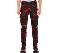 Cipo & Baxx Pantalones vaqueros para hombre, varios ajustes, aspecto desgastado y desgastado, con tachuelas, piel sintética e impresión, estilo motorista moderno, Borgoña-CD558, 32W / 34L