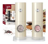 CIRCLE JOY Juego de Molinillo Eléctrico de Sal y Pimienta a Pilas con Base, Luz LED Blanca, Grosor Ajustable y Operación Automática con Una Sola Mano, Beige