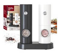 CIRCLE JOY Juego de Molinillo Eléctrico de Sal y Pimienta a Pilas con Base, Luz LED Blanca, Grosor Ajustable y Operación Automática con Una Sola Mano, Negro Blanco