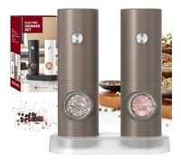 CIRCLE JOY Juego de Molinillo Eléctrico de Sal y Pimienta a Pilas con Base, Luz LED Blanca, Grosor Ajustable y Operación Automática con Una Sola Mano, Marrón