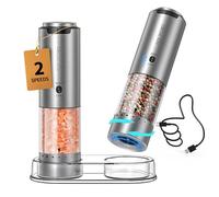 CIRCLE JOY Juego de Molinillos de Pimienta Eléctrico de Acero Inoxidable con Base, Recipiente de 95ml, Luz LED Blanca, Grosor Ajustable Externo y 2 Velocidades de Molienda Ajustables, Plata