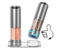 CIRCLE JOY Juego de Molinillos de Pimienta Eléctricos Recargables Molinillos de Acero Inoxidable con Base, Recipiente Transparente de 95ml, Luz LED Blanca y Rugosidad Externa Ajustable, Plata