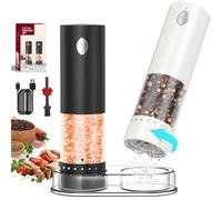 CIRCLE JOY Juego de Molinillos de Pimienta Eléctricos Recargables Molinillos de Especias con Base, Recipiente Transparente Lavable de 95ml, Luz LED Blanca y Aspereza Ajustable, Negro Blanco