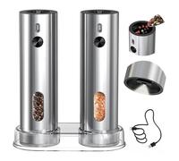 CIRCLE JOY Juego de Molinillos Eléctricos de Sal y Pimienta Recargable con Base de Almacenamiento, Capacidad de 110ml, Grosor Ajustable y Luz LED Blanca, Plata
