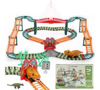 Circuito de coche dinosaurio 167 piezas - Pista de carreras Mundo Jurásico con puente colgante luminoso, coche Dino eléctrico, 6 figuras dinosaurios, puerta y accesorios, regalo juguete infantil 3-6