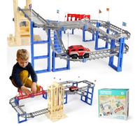 Circuito de coche infantil eléctrico - Pista de carreras con ascensor musical automático, puente colgante y gasolinera, juguete de construcción de aventura de coche educativo, regalo para niño niña de