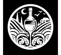Circular de una copa de vino y una botella con un paisaje de viñedo, casa, luna y pájaros. Pegatinas de grabado 67.2x67.5cm Cultura del tatuaje Blanco