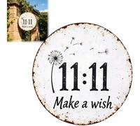 Circular Rustic Metal Sign with Dandelion 11:11 Make A Wish Design, Retro Inspirational Home Decor Plaque, Farmhouse Hanging Art for Bedrooms,Living Room,Office,Garden