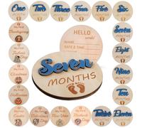 Círculos mensuales de madera para bebé, 11 discos de doble cara con números azules elevados en 3D, letreros de mis primeras vacaciones y Hello World, regalos para bebés neutros de género (letras