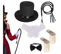 Circus Performer Hat-Carnaval Performance Outfit, corbata de ajustable, guantes de terciopelo, sombrero de copa clásico, charretera acentos con látigo | Conjunto de disfraces con tema de