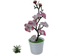 Ciruela artificial de invierno en maceta con 7 flores, 2 capullos en maceta ondulada para configuración de escritorio de trabajadores remotos o fondo de reunión virtual (rosa)