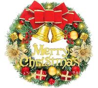 CIRULLI Navidad decoración: la Corona navideña Viene con 20 Luces LED de Color Blanco cálido, Lazos Rojos y Campanas navideñas, Frutos Rojos, vívidos y realistas
