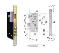 Cisa 1.52521.50.0 - Embutir madera e=50 picaporte y bulones frente recto laton sin cilindro