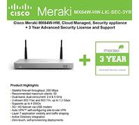 Cisco Meraki MX64W Wireless Firewall Security Appliance Bundle, 200Mbps FW, 5xGbE Ports - Includes 3 Years Advanced Security LIC