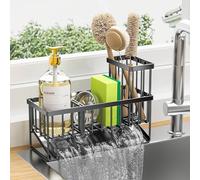 Cisily Organizador de fregadero de cocina, 1 estante, estilo minimalista, acero inoxidable, sistema de drenaje automático, organizador de fregadero