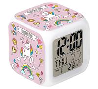 Cisixin Despertador digital unicornio colorido cuadrado niña LED iluminado decoloración y descompresión reloj despertador color creativo LED reloj digital con indicador de temperatura reloj de mesa