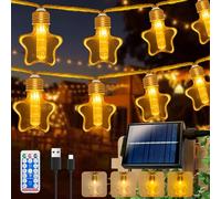 Ciskotu Guirnalda de luces solares para exteriores, 8 m 15 bombillas 8 modos LED estrella, cuerda de cáñamo resistente a la intemperie, para jardín, balcón y patio