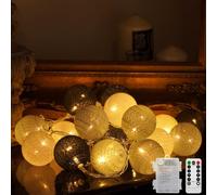 Ciskotu Guirnalda Luces Interior Batería- 20 LED Bolas de Algodón Cadena Luces con Mando Distancia - Luz LED para Interior para Dormitorio, Niños, Fiesta, Navidad (Gris)