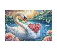 Cisne Blanco con alas de corazón de Rosa bajo la Luna Llena Puzzle 1000 Piezas Colorido Vibrante Rompecabezas para Adultos Obra De Arte Familiar Estera Portátil DIY Creativo 1000 PCS