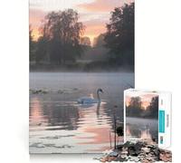 Cisne en un Lago brumoso al Amanecer Rompecabezas para Adultos de 1000 Piezas Juguete Que desafía la Mente Pieza de colección de Arte de Corte nítido para una Mente Tranquila 38x26cm