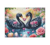 Cisnes Negros con un corazón de Piedra Preciosa Entre Las Flores Puzzles 500 Piezas Obra De Arte Decorativa Premium Rompecabezas Familiar para Adultos DIY Creativo Aliviar Estrés Portátil 500 PCS