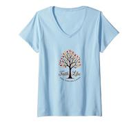 Cita Cristiana Fall for Jesus: Faith Like Falling Leaves Camiseta Cuello V, Mujer, Azul Bebé, L