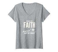 Cita Cristiana inspiradora Walk by Faith Not by Sight Camiseta Cuello V, Mujer, Gris Jaspeado, S