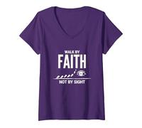 Cita Cristiana inspiradora Walk by Faith Not by Sight Camiseta Cuello V, Mujer, Morado, S