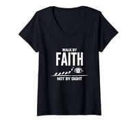 Cita Cristiana inspiradora Walk by Faith Not by Sight Camiseta Cuello V, Mujer, Negro, M