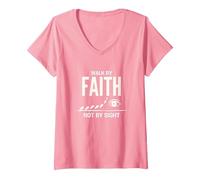 Cita Cristiana inspiradora Walk by Faith Not by Sight Camiseta Cuello V, Mujer, Rosado, M