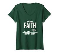 Cita Cristiana inspiradora Walk by Faith Not by Sight Camiseta Cuello V, Mujer, Verde Bosque, M