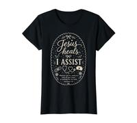 Cita de fe de Enfermera Cristiana Jesús Sana I Assist Humor Camiseta gráfica económica, Mujer, Negro, S