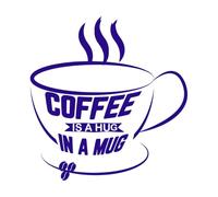 Citas sobre café: El café es un abrazo en una taza, tipografía impresa. Calcomanías de pared de PVC 54.6x56.7cm Vinilos para ventanas Azul oscuro