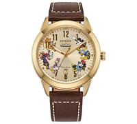 Citizen Eco-Drive AW0093-044 - Reloj de acero inoxidable con correa de cuero marrón, 3 manecillas para hombre, diseño de Mickey Mouse y sus amigos, Marrón, Classic