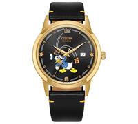 Citizen Eco-Drive AW1789-04W - Reloj de pulsera para hombre, diseño de pato Donald de Disney, correa de cuero negro, esfera negra, fecha