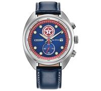 Citizen Eco-Drive Capitán América 85 Aniversario cronógrafo y Moneda de coleccionista para Hombre, Caja de Acero Inoxidable en Tono Plateado de 41 mm con Correa de Cuero Azul y Esfera Azul (Estilo