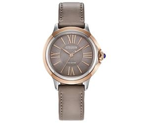 Citizen Eco-Drive Ceci - Reloj de Acero Inoxidable en Tono Oro Rosa, Correa Eco-Pet Gris Pardo, 3 manecillas, Esfera Gris Pardo (Modelo: EM1166-01Z), Gris Topo, Ceci