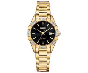 Citizen Eco-Drive Classic Corso Diamond - Reloj de acero inoxidable dorado para mujer, esfera negra (modelo: EW2652-55E), Oro, Classic Corso Diamond
