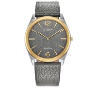 Citizen Eco-Drive Classic Eco - Reloj unisex de acero inoxidable de dos tonos, correa de cuero gris, 2 manecillas (modelo: AR3124-07H), Gris, Classic Eco
