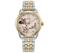 Citizen Eco-Drive Disney Minnie - Reloj de acero inoxidable de dos tonos con detalles de cristal, esfera blanca, 3 manecillas (modelo: FE6084-70W), Dos tonos, Disney Minnie Mouse habilitado