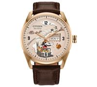 Citizen Eco-Drive Hometown - Reloj de pulsera para hombre, diseño de Mickey Mouse, correa de cuero marrón, caja de acero inoxidable en tono dorado (modelo: AW0088-04W), Tono oro rosa, Classic
